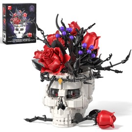 ASDGZD Skull Roses Flower Bouquet Building Blocks Set for Adults, Gothic Horror Skeleton Botanical Collection Kit Home Table Art Decor, Gift for Birthday & Valentines Day for Women/Mom/Wife/Girlfriend