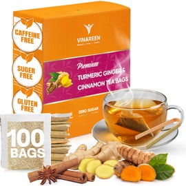 VINAREEN Turmeric Ginger Cinnamon Tea Bags - 100 Tea Bags - Premium Natural Blend of Ginger Root, Turmeric Root & Cinnamon [Handpick] - Te De Curcuma Jengibre Y Canela - Caffeine Free, Sugar Free, Vegan