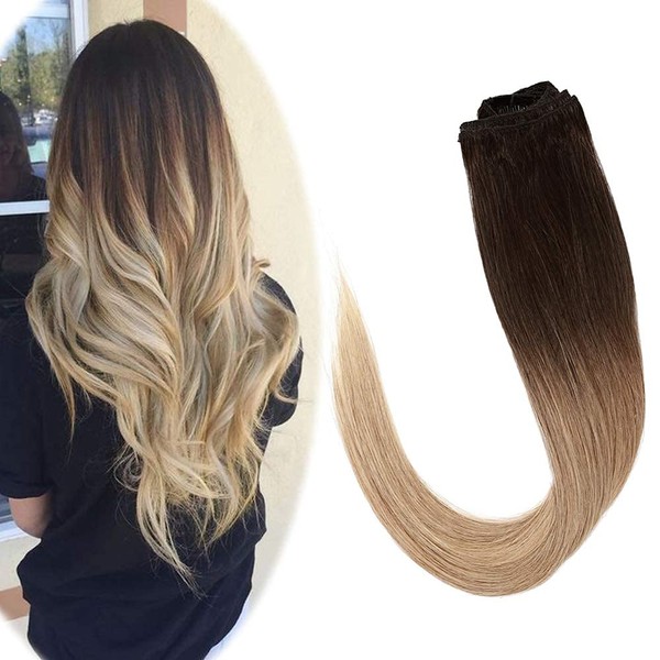 Hairro Clip in Hair Extensions 100% Human Hair Thin Ombre Medium Brown to Dark Blonde 22 Inch Long Straight Human Hair Clip on Hairpieces 75g Machine Weft 8pcs 18 Clips for Women 2 Tones #4T27