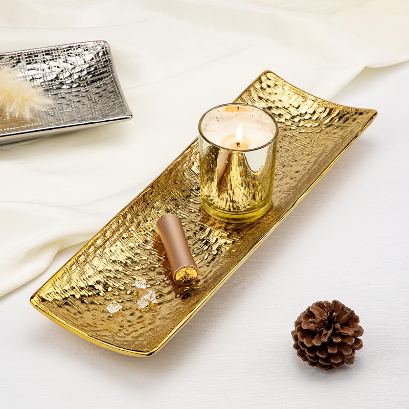 Hollyone Plant Tray Saucer Decor Gold Metal Ceramic 16inch Rectangular