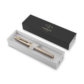 Parker Pen IM Premium Metal Fountain Pen - Warm Silver Champagne with Diamond Pattern - Gold Trim - Fine Nib - Black Ink - Gift Boxed