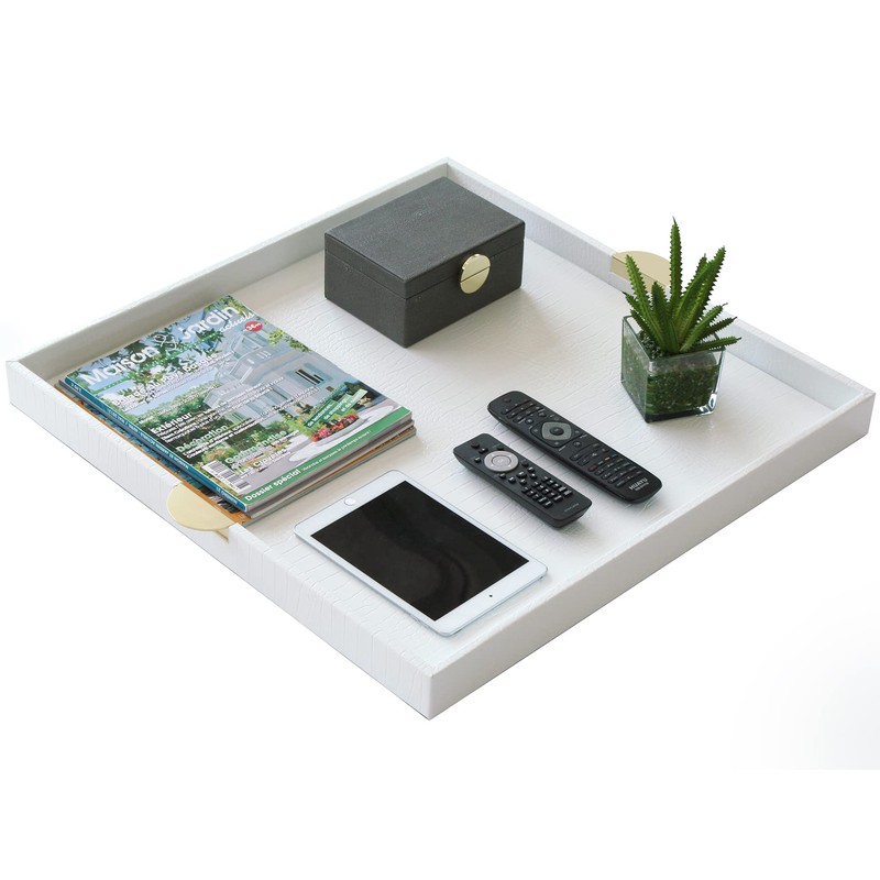 HofferRuffer Extra Large Square Serving Tray, Elegant Faux Leather Ottoman