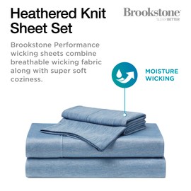 Brookstone Heathered Knit Moisture Wicking Full Size Sheet Set | Innovative Breathable Fabric for All-Night Use by Hot Sleepers | 4-Piece Set of Soft Sheet, Fitted Sheet, Two Pillowcases | Faded Denim