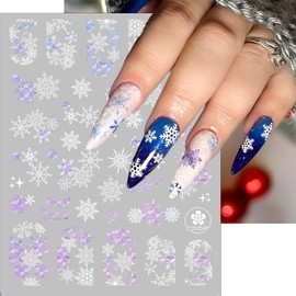 9 Sheets Christmas Snowflake Nail Stickers, Blue Purple White 3D Self-Adhesive Winter Nail Art Decals for Women Girls Xmas Snow Sparkle Manicure Decorations