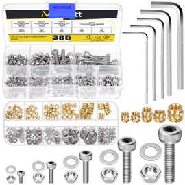 Mardatt 385 Pieces M2 M2.5 M3 M4 M5 Brass Threaded Inserts with Hex Socket Head Cap Screws Nuts Kit, Brass Heat Set Insert Metric Knurled Nuts & Machine Screws and Nuts