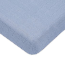 Babyletto 100% Organic Cotton Mini Crib Sheet, GOTS-Certified, Fitted 360°, Ultra-Soft and Breathable Muslin - Dewdrop Blue