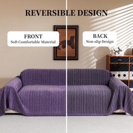 Sofa Covers for 3 Cushion Couch Seat, Loveseat Non Slip Couch Cover Chenille Strip Couch Throw Blankets with Tassels, Sectional Sofa Slipcovers Furniture Protector for Pets, Kids 71"x134", Purple