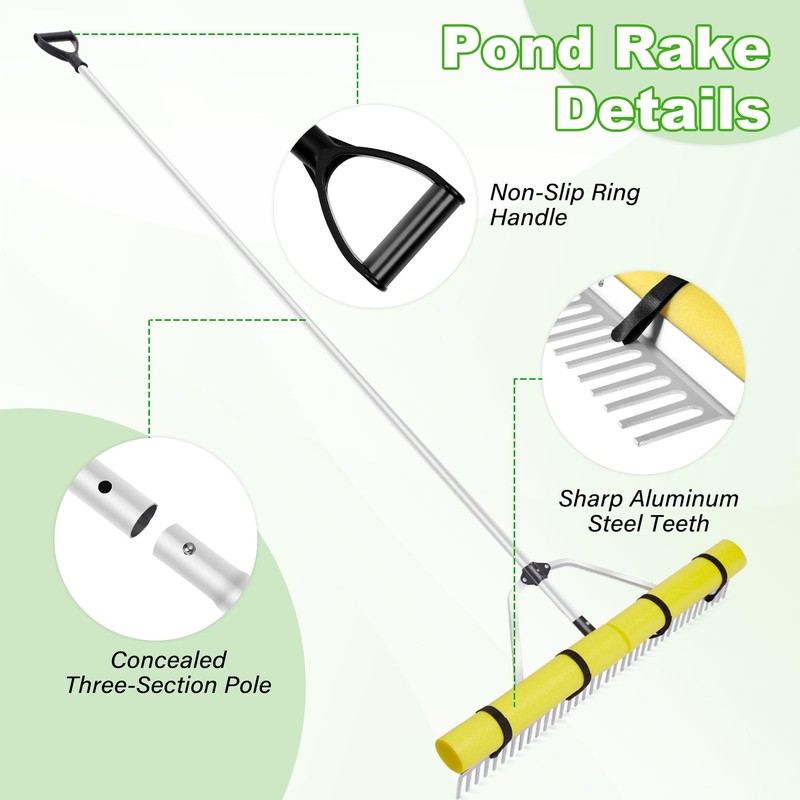 Pond Rake Aquatic Weed Rake,Detachable Float Lake Rakes,Aluminum Landscape Rake
