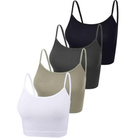 4 Pack Cropped Tank Tops for Women, Spaghetti Strap Crop Top Basic Sports Crop Cami Half Camisoles for Teen Girls (Black, White, Dark Grey, Olive, L)