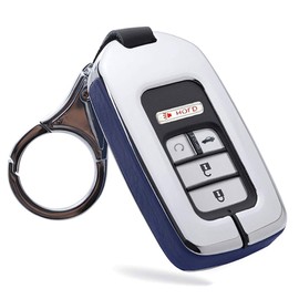 ontto Key Fob Cover for Honda Accord Civic CR-V CRV Remote Key Case Holder Shell Metal Leather Key Protection with Keychain Blue, Blue, silver metal shell