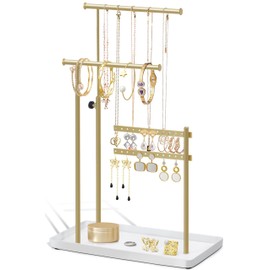 Jewelry Holder Organizer Stand, Jewelry Hanger for Necklaces, Earrings, Adjustable Jewelry Tree Storage for Bracelets, Display Tower, Room Decor Aesthetic Gifts for Her(Gold)