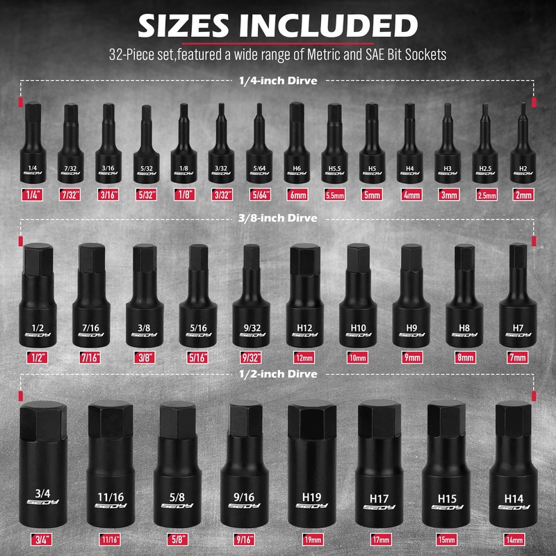 Hex Bit Impact Socket Set: 36-Piece with 4 Adapters, 1/4"
