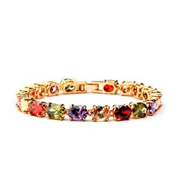 Treasure Bay Elegant Statement Multicolour Oval Shape CZ Crystal Bracelet, Rose Gold Plated Tennis Bracelet for Women (17 Cm)