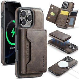 XYAJUANG Compatible with Iphone16 Pro Max，The 2 in 1 Detachable Fold Leather Wallet Phone Cases， Support Mag-Safe Magnetic Wireless Charging (Coffee)