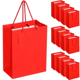 Marspark 12 Pieces Christmas Red Gift Bags with Handles, Paper Euro Totes Gift Bags, Red Paper Gift Wrap Bags with Cards for Xmas Valentine's Day Birthdays Party Favor(Large)