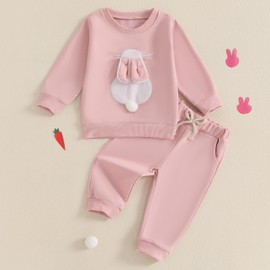 SANSIWU Toddler Girls Boy Easter Outfits Rabbit Embroidery O Neck Long Sleeve Pullover Sweatshirts with Drawstring Sweatpants Clothes Sets (Pink B, 6-12 Months)