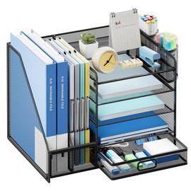 Lavatino Desk Organizer with File Holder, 5-Tier Paper Letter Tray Organizer with Sliding Drawer and 2 Pen Holder, Mesh Desktop File Organizer for Office Supplies (Black)
