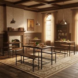 FurnitureR 3-Piece Dining Table Set for 4, Farmhouse Kitchen Table with 2 Benches and Storage Shelf, Space-Saving Breakfast Nook Table and Bench Set for Small Spaces, Vintage Brown