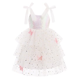 IDOPIP Toddler Baby Girls Sequin Butterfly Tutu Dress Summer Sleeveless Backless Smocked Princess Birthday Party Dresses Little Pageant Flower Bow Gown Glitter Tiered Tulle Sundress White 5-6 Years