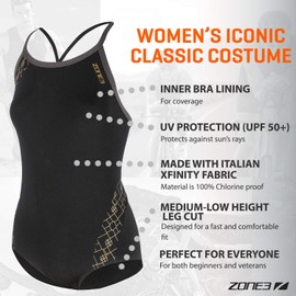 ZONE3 Women's Iconic Bound Back Costume – Black Grey Gold – Light UV Protection and SPF – Properties