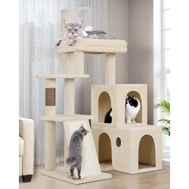 Globlazer F50 Cat Tower for Adult Indoor Cats, 50-inch Heavy Duty Cat Tree for Big Cats, Cat Tree House with Extra-Large Padded Platform, Sisal Scratching Board, 2 Large Condos, Beige