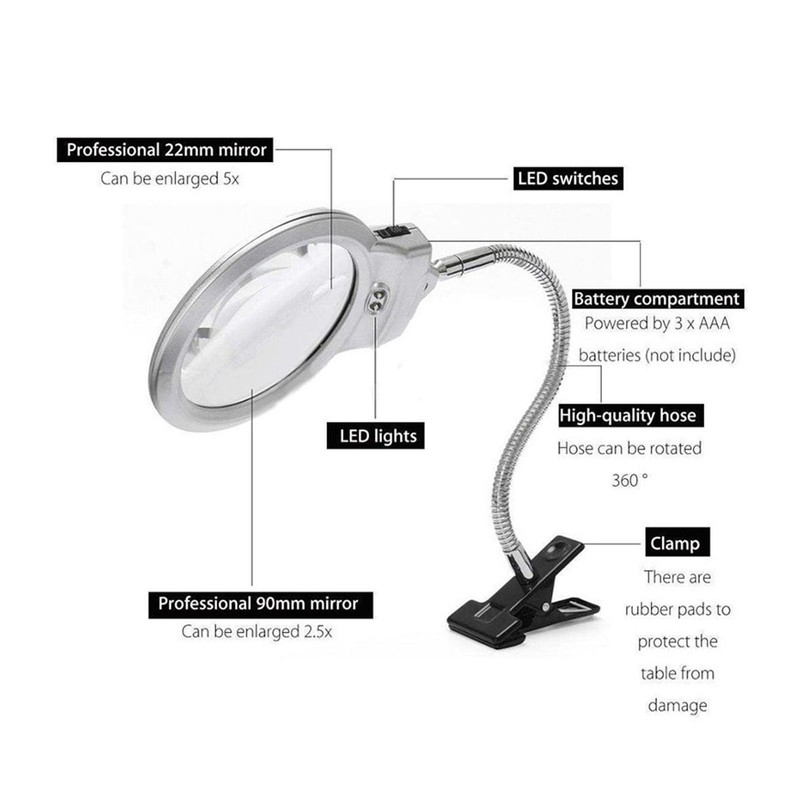 Clamp Magnifying Glass 2X and 6X Dual Lens Flexible Hose