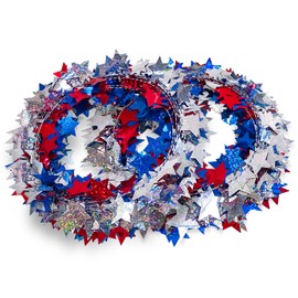 2 Rolls Patriotic Wire Star Garland, Red Blue Silver Star Tinsel Garlands with Wire, Fourth of July Party Decor, Independence Day Birthday Party Festive Ornament
