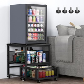 21x21in Mini Fridge Stand with Storage, Heavy Duty Mini Fridge Table with 4 Lockable Wheels for Coffee Bar 220LBS Compact Beverage Refrigerator Stand Cabinet Dorm Fridge Cart for Office Home (Black)