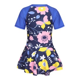 Girls One Piece Swimsuits Skirted Bathing Suits for Kids Girls Swim Dress Short Sleeve Hawaiian Swimwear Blue Floral Size 6/6X