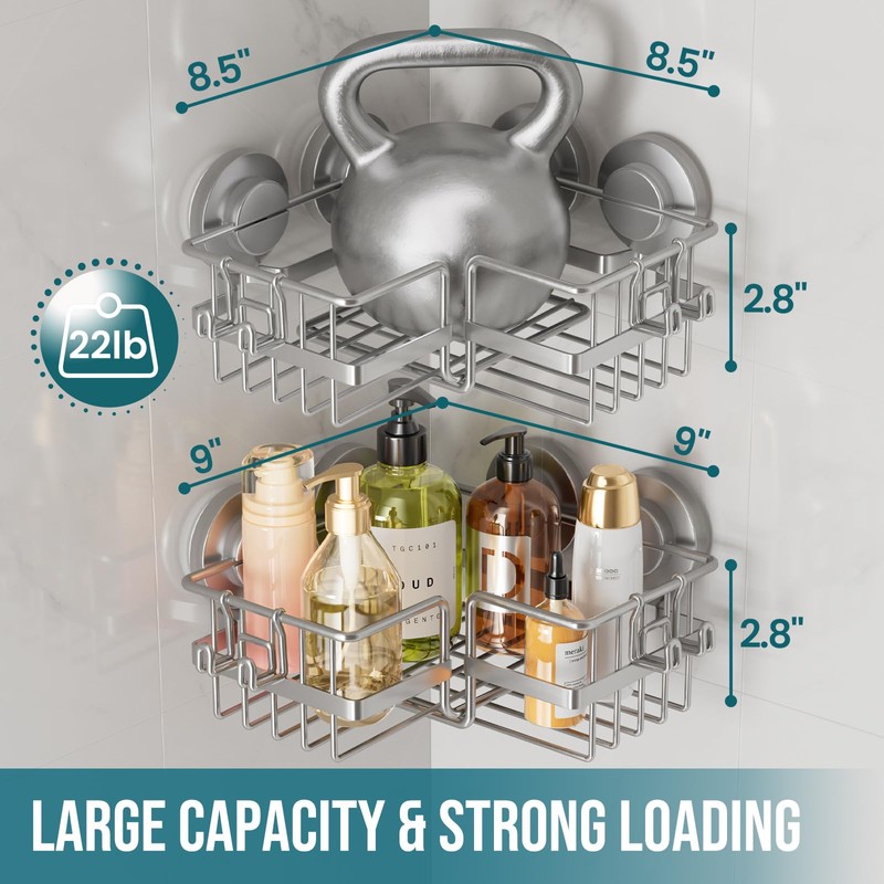 TAILI Corner-adaptive Suction Cup Shower Caddy 2 Pack, Stainless Steel
