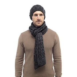 i-Smalls Men's Warm Stylish Cable Knit Slouch Beanie Hat & Scarf ONLY (Black)