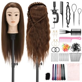 Yekavo Hairdressing Head Real Hair, Training Head with 90% Real Hair, 61 cm/24 Inches, Mannequin Head, Training Head, Hairdressing Cosmetology Doll Head with Table Clamp Holder and Hairdressing Tool