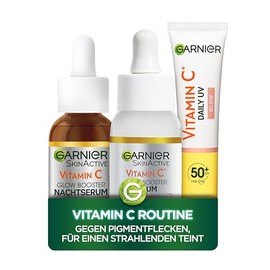 Garnier Skin Active Set: Vitamin C Serum (30ml) + Vitamin C Glow Booster Nachtserum (30ml,) + Vitamin C Sonnenfluid LSF 50+ (40ml) | Gegen Pigmentflecken & strahlenden Teint