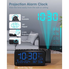 Roxicosly Projection Alarm Clock, Digital Projector Clock Radio 15 Volume with 5 Dimmer Brightness, LED Display, USB Charger, Dual Alarm, Snooze, Temperature,Humidity,Date,Night Light for Bedroom