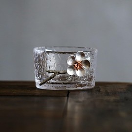 ZENATION Japanese hammered glass exquisite -set of 2 tea cups/sake cups, with tin and copper plum blossom decoration (C)