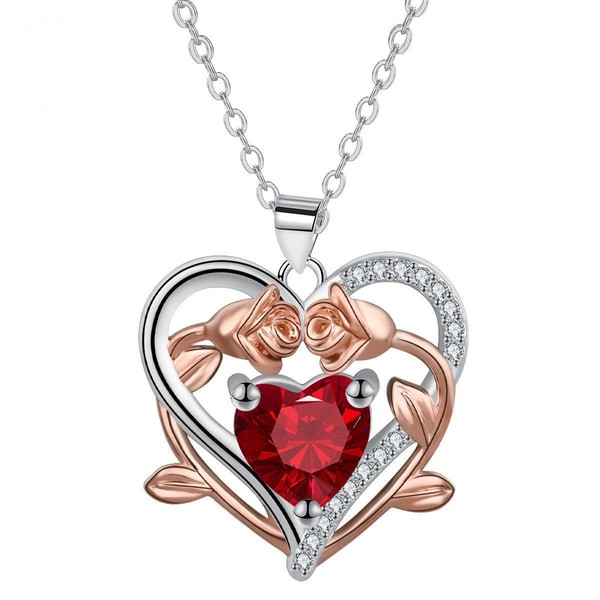 YZQZQY Copper heart shape pendant necklace with pink flower, suitable