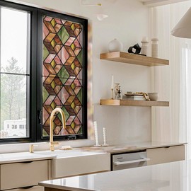 ChicSkin Hand Drawn Faux 3D Visual See Through Stained Glass Window Film, Watercolor Semi-Transparent Geometric Window Film Cling Vintage Home Decor, Boho Sunset Window Clings 16.9"X118.1"