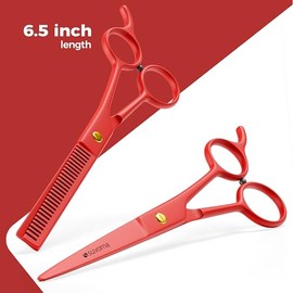 Suvorna 6.5" Hair Cutting Scissors Set with Thinning Scissors for Professionals, Barber, Hairdressers, Homeuse - Extremely Sharp Hair Shears Set for Thinning, Layering and Cutting (Red)