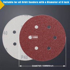 STEBRUAM 150mm Sanding Discs 40 Grits 40PCS,Hook and Loop Sandpaper Pads for 6 Inch 6 Hole Random Orbital Sander