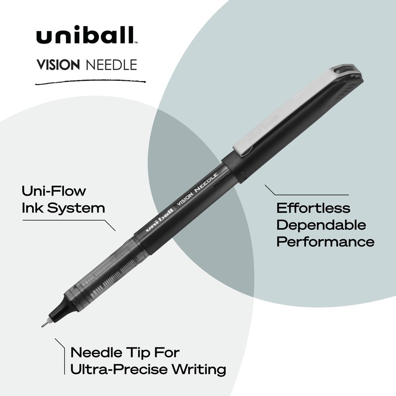 uniball Vision Needle Rollerball Pens, Micro Point (0.5mm), Black, 5