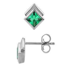 Silvershake 4MM Created Nano Green Emerald White Gold Plated 925 Sterling Silver Minimalist Square Geometric Stud Post Earrings May Gemstone Birthstone Jewelry for Women, Sterling Silver Rhodium