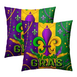 Mardi Gras Throw Pillow Cover 18x18 Inch Pack of 2 Yellow Green and Purple Fleur De Lis Cushion Pillow Case Square Cotton Happy Mardi Gras Pillowcase for Party Bed Sofa Home Car Bedroom Outdoor