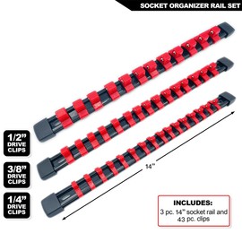 JIYOSE 3Pcs ABS Socket Organizer Tray Set Portable Socket Holder 1/2 Inch, 3/8 Inch, 1/4 Inch Drive Socket Rail Heavy Duty Socket Racks with Red Clips for Toolbox Drawer Wall Storage（Red-3Pcs）