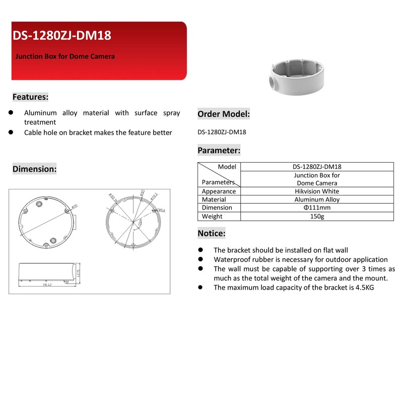 Kenuco CB110 DS-1280ZJ-DM18 Conduit Base for Hikvision Dome Camera DS-2CD2142FWD-I