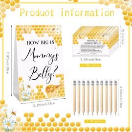 Sabary 64 Pcs Guess Baby Shower Games Include How Big is Mommy's Belly Sign Measure Baby Bump Game 50 Guessing Cards 10 Pencils 3 Measuring Tapes for Baby Shower Party(Bee)