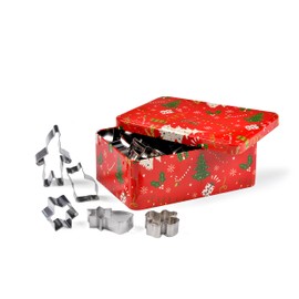 patisse 13720 - Red Metal Christmas Tree Printed Box with 25 Different Stainless Steel Cookie Cutters - Tree, Elf, Angel, Star, Gingerbread, Candy Cane etc