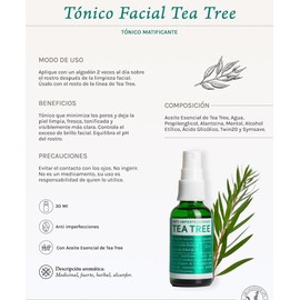 Tónico Facial Tea Tree, Anti Imperfecciones, Controla Brillo, Reduce Poros, Equilibra pH, para Piel Grasa, Sin Parabenos