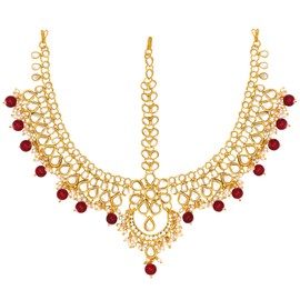 Aheli tradicional chapado en oro rojo Kundan Pearl Maang Tikka Matha Patti para mujeres y niñas