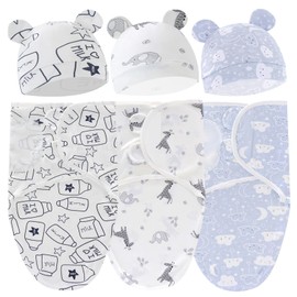 Manta Envolvente para Recién Nacido, Ajustable Bolsas de Dormir para Bebé, Transpirables y Suaves, 100% Algodón Puro, Mantas Suaves para Niños y Niñas de 0 a 6 Meses, Regalo de Niño Shower (3 Piezas)