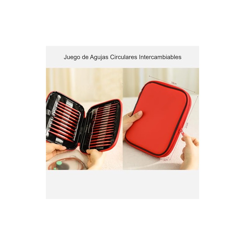 Juego de 26 agujas circulares intercambiables para tejer, color rojo